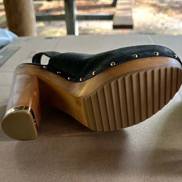 Tory Burch Black Suede Mules with Gold Accents - Picture 4 of 4